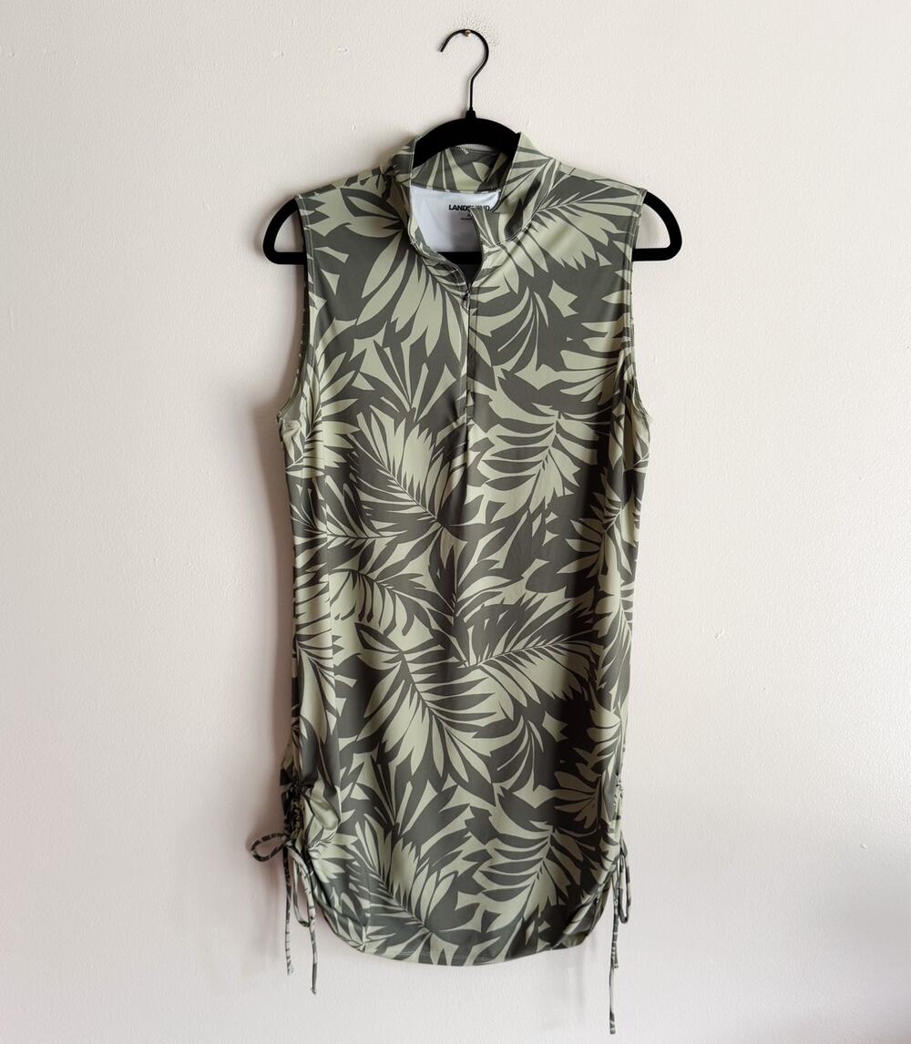 Lands' End Green Palm Print Sleeveless Side Ruche Swimsuit Coverup Dress Medium